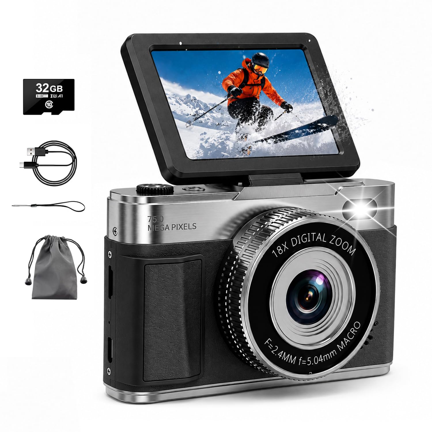 Amazon | デジカメ 【5K動画撮影 7500万画素 180°フリップIPS